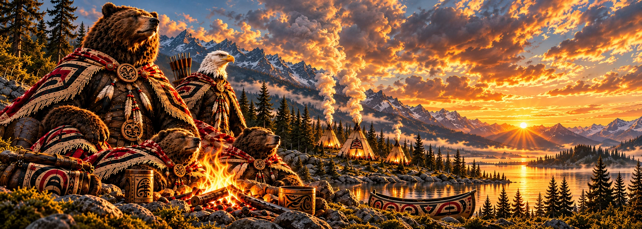 Bear and eagle companions by a wilderness campfire